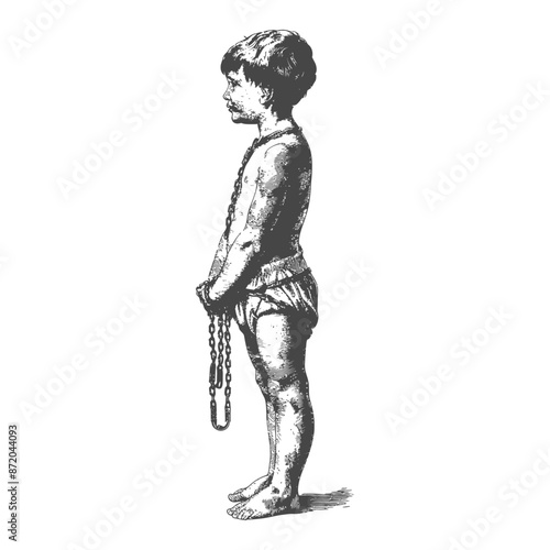 Etched Boy Profile: Diapered Child Holding String of Beads, Vintage Style Illustration.