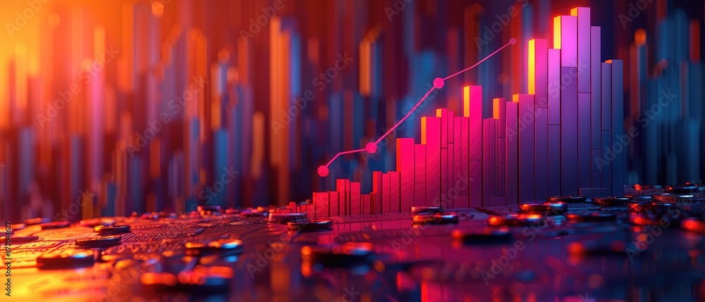 Fototapeta premium Abstract 3D composition illustrating an arrow moving upwards alongside a bar graph, reflecting growth in business and finance. Incorporates visual elements such as coins and a bank icon to signify