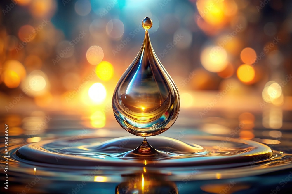 A single drop of transparent oil or fuel suspended in mid-air, glistening with subtle reflections, against a dark blurred background with soft focus effect. A single drop of transparent oil or fuel suspended in mid-air, glistening with subtle reflections, against a dark blurred background with soft focus effect.