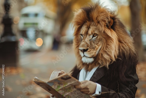 A mischievous lion wearing a tuxedo, reading a map while waiting for a bus in London. Hyper realistic. Shot with canon 5d Mark III --ar 3:2 --style raw Job ID: a53caa34-c299-47e6-b9e9-42f951539e7b photo