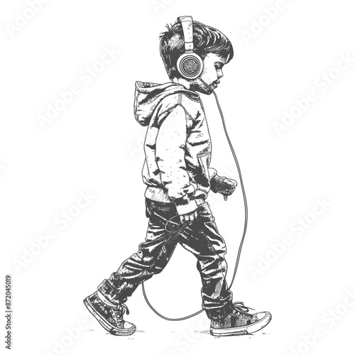 Sketch of Boy Walking with Headphones, Lost in Music.
