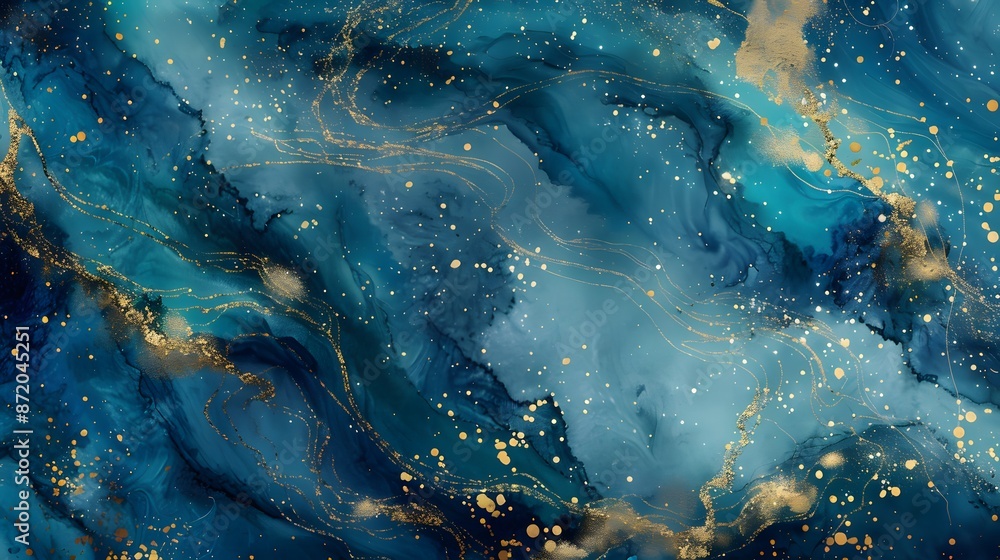 Obraz premium luxury wallpaper. Blue marble and gold abstract background texture. Indigo ocean blue marbling with natural luxury style swirls of marble and gold powder