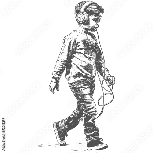 Sketch of Boy Walking with Headphones, Lost in Music.