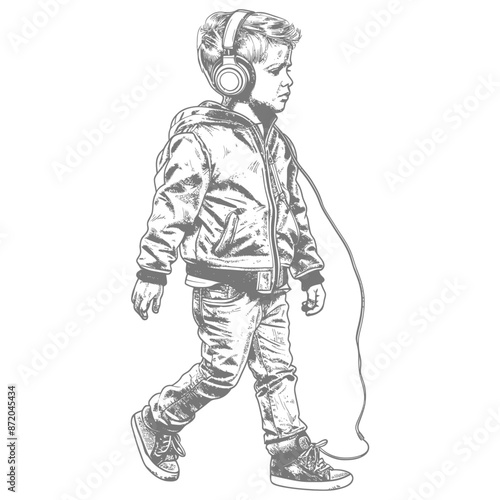 Sketch of boy in headphones, absorbed in music, urban style.