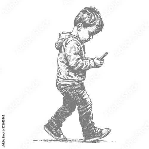 Sketch of Boy Lost in Phone, Walking with Hood Up.