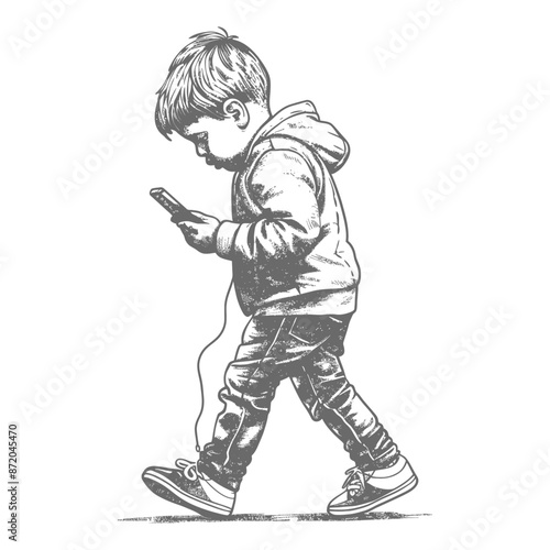 Sketch of Focused Boy Walking, Glued to Phone Screen.