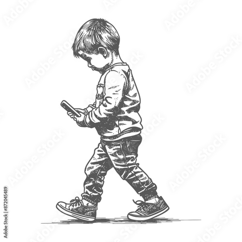 Pencil Sketch: Toddler absorbed in Smartphone, Walking forward. Modern childhood, early technology use concept.