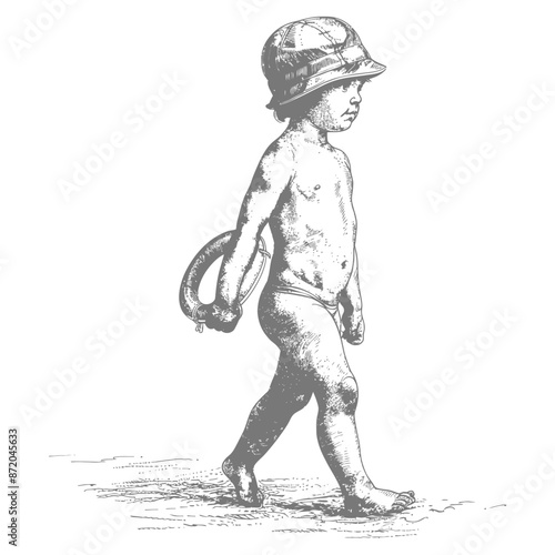 Etched Tot: Beach Bound, Helmeted and Barefoot with Inner Tube, Vintage Aesthetic