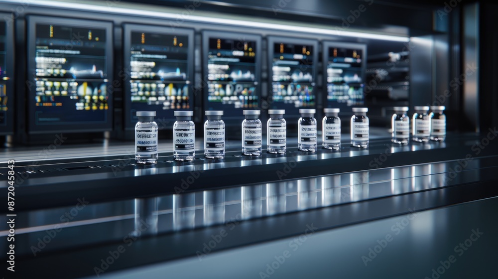 A close-up view of white plastic bottles moving along a blue conveyor belt in a pharmaceutical factory A close-up view of white plastic bottles moving along a blue conveyor belt in a pharmaceutical factory