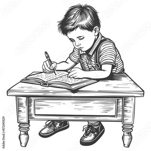 Young Scholar: Engraved Boy at Desk, Oversized Book, Childlike Enthusiasm Illustration