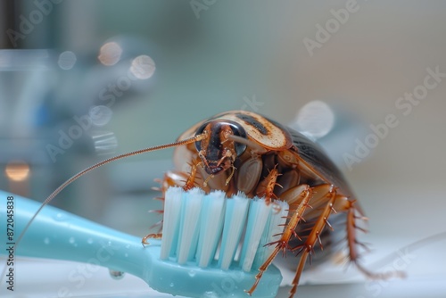 Close-up of a cockroach on a toothbrush in a bathroom setting. This photo highlights the importance of cleanliness and pest control.