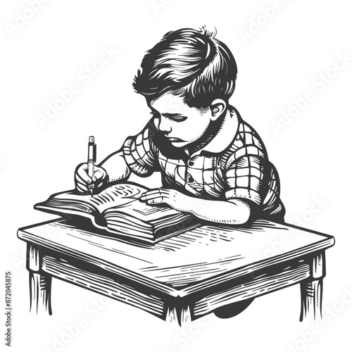 Engrossed Boy: Vintage Sketch of Child Writing in a Book at Wooden Desk.