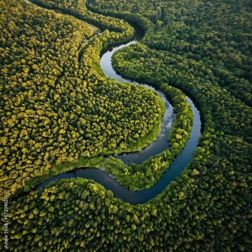 Aerial View of a Winding River Through a Lush Forest. 
