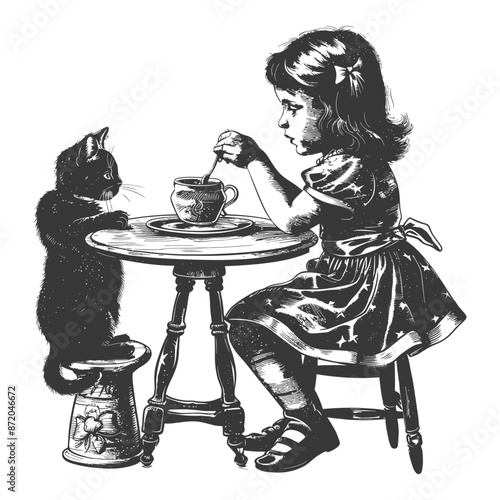 little girl activities with cat with engraving style