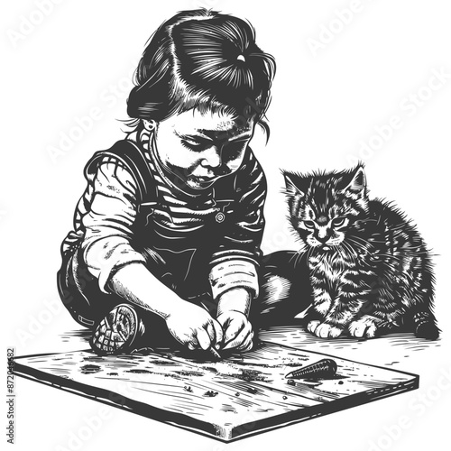 little girl activities with cat with engraving style