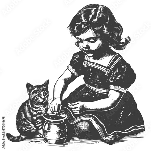 little girl activities with cat with engraving style