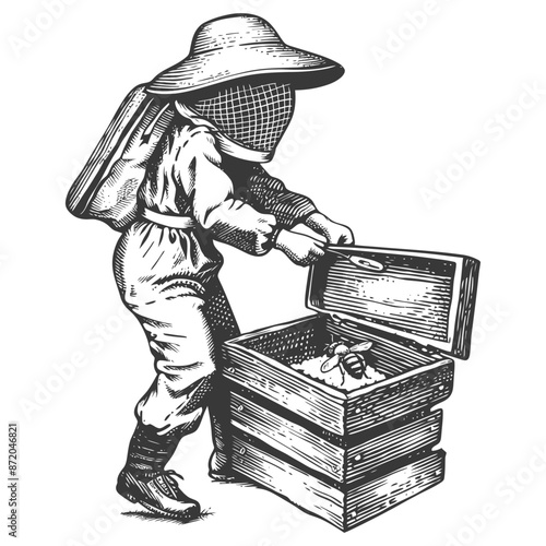 little girl beekeeper in action with engraving style