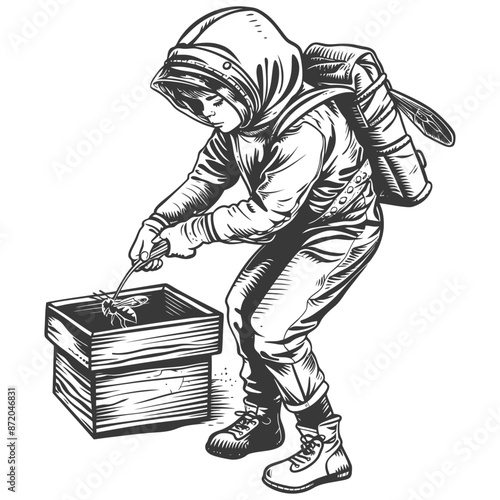 little girl beekeeper in action with engraving style