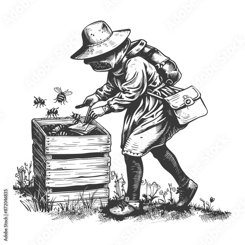 little girl beekeeper in action with engraving style