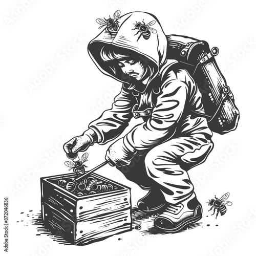 little girl beekeeper in action with engraving style