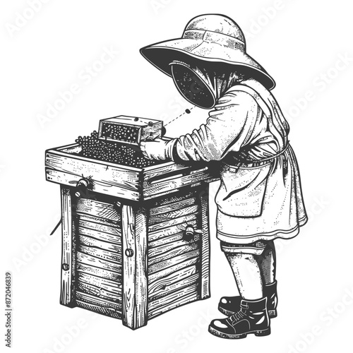 little girl beekeeper in action with engraving style