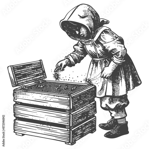 little girl beekeeper in action with engraving style