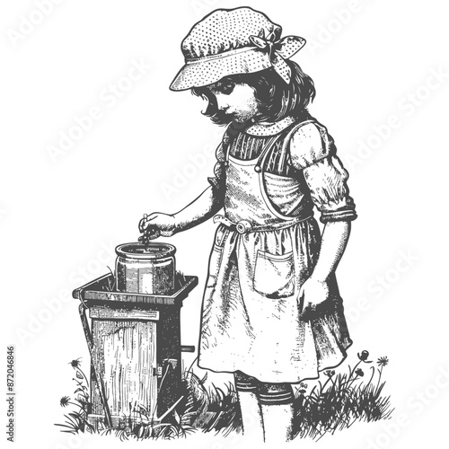 little girl beekeeper in action with engraving style