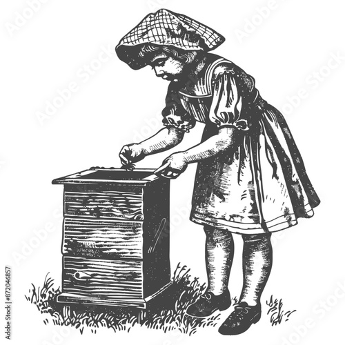 little girl beekeeper in action with engraving style