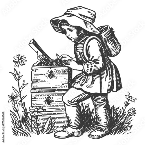 little girl beekeeper in action with engraving style