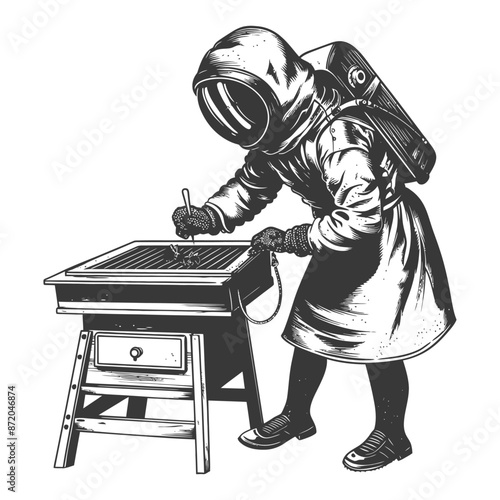 little girl beekeeper in action with engraving style