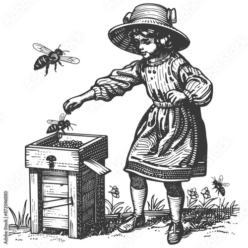 little girl beekeeper in action with engraving style