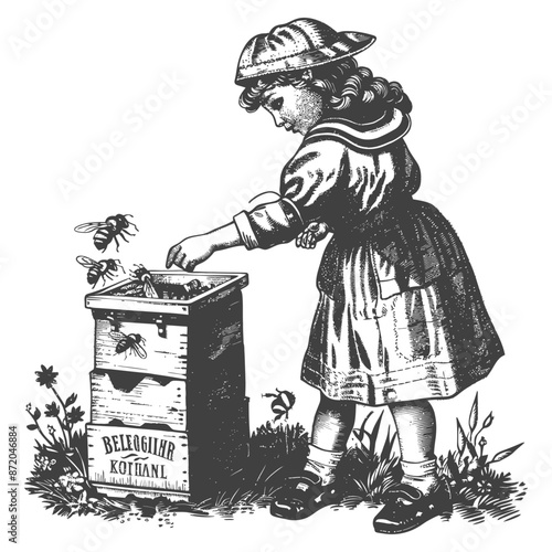 little girl beekeeper in action with engraving style