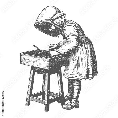 little girl beekeeper in action with engraving style