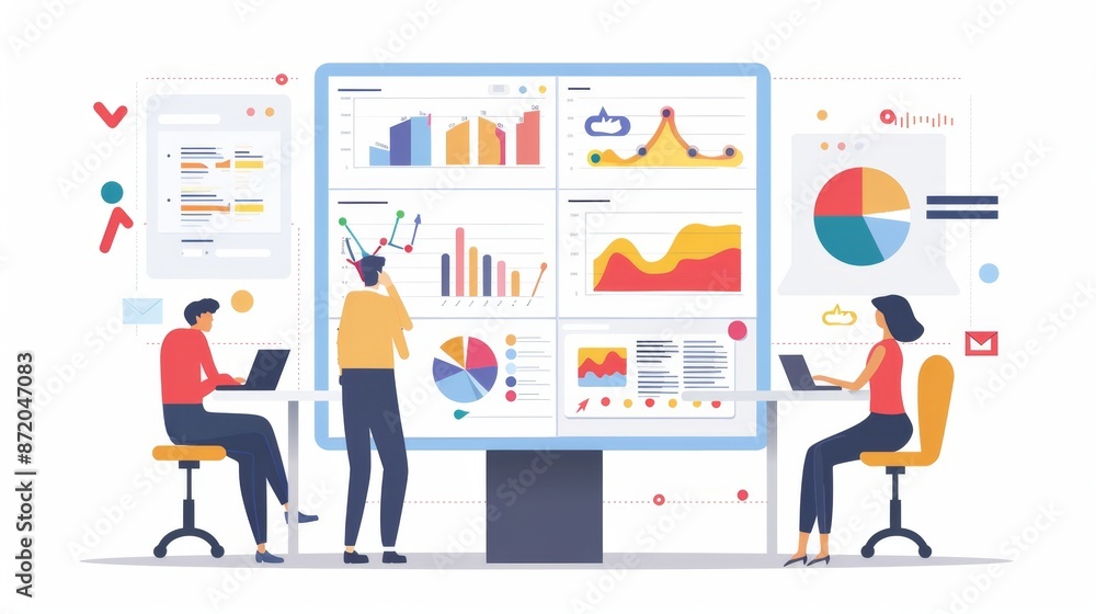 Businesspeople Analyzing Data On Large Screen. Businesspeople Analyzing Data On Large Screen.