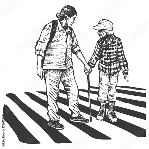 little girl helps the senior citizen man cross the street with engraving style