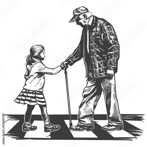 little girl helps the senior citizen man cross the street with engraving style