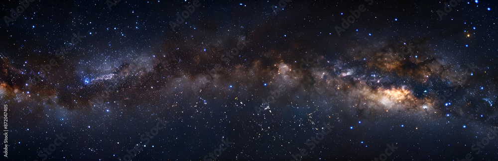 Naklejka premium Panoramic photo of the Milky Way galaxy,with stars and galaxies in the dark black sky background, stars, milky way, sky full of stars,deep space, starscape.