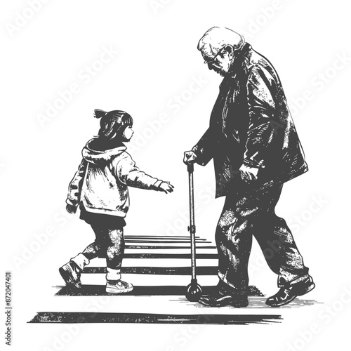 little girl helps the senior citizen man cross the street with engraving style