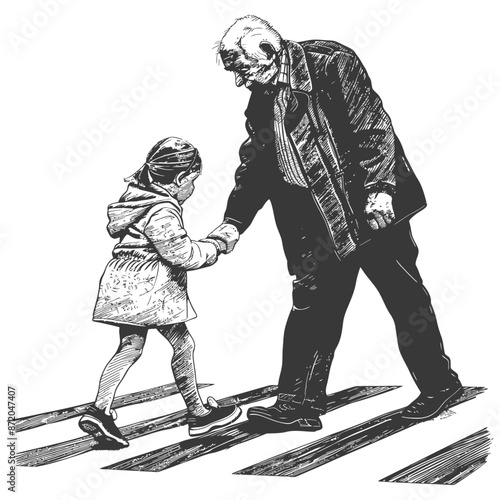 little girl helps the senior citizen man cross the street with engraving style