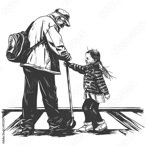 little girl helps the senior citizen man cross the street with engraving style