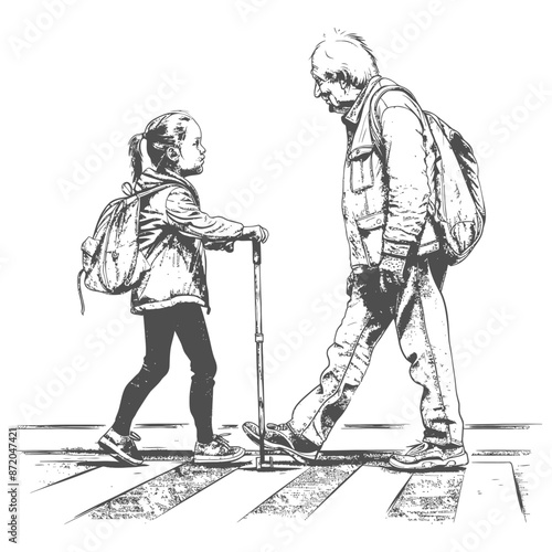little girl helps the senior citizen man cross the street with engraving style