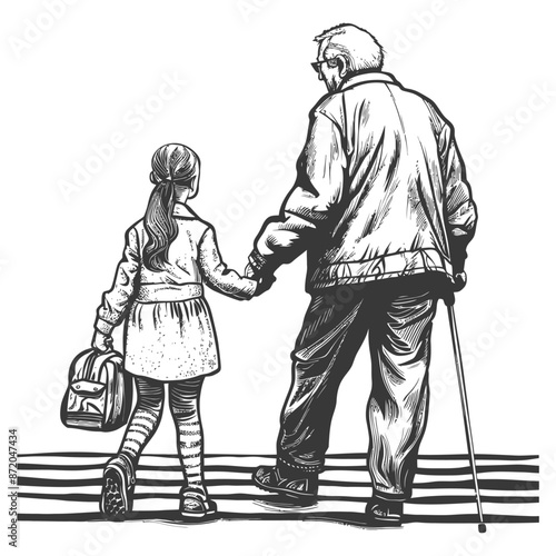 little girl helps the senior citizen man cross the street with engraving style
