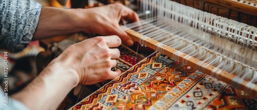 Skilled artisan creating a patterned fabric on a traditional loom, Weave Skill, Expertise and creativity in textile creation