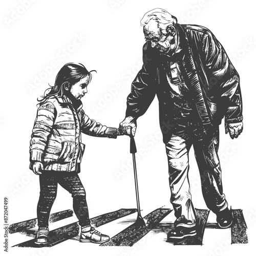 little girl helps the senior citizen man cross the street with engraving style
