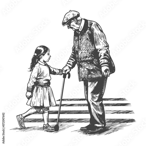 little girl helps the senior citizen man cross the street with engraving style