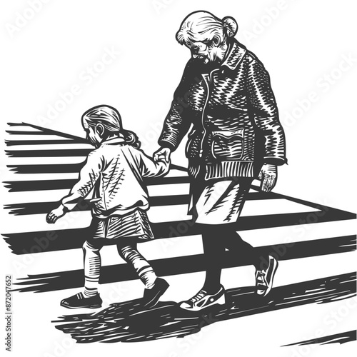 little girl helps the senior citizen woman cross the street with engraving style