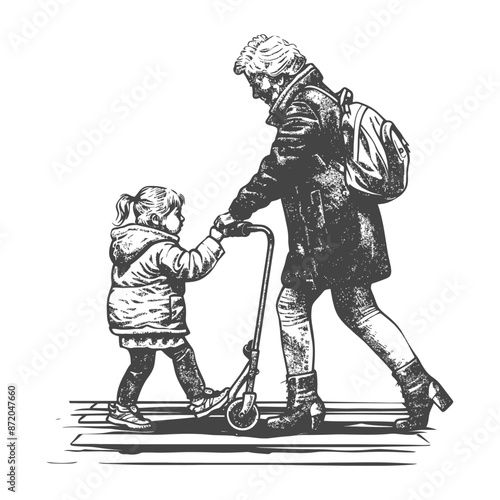 little girl helps the senior citizen woman cross the street with engraving style