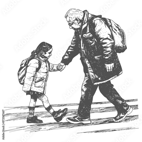 little girl helps the senior citizen man cross the street with engraving style