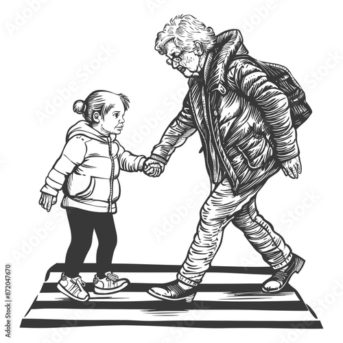 little girl helps the senior citizen woman cross the street with engraving style