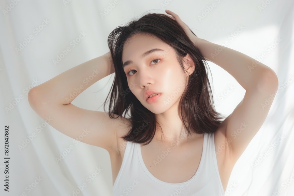 Asian woman isolated on white background, beautiful girl shaven smooth armpits. Skincare. Face touching healthy facial skin portrait. Asian girl model with natural makeup glowing hydrated skin